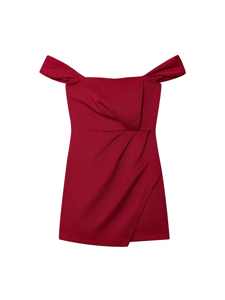 TFMLN Women's Off Shoulder Mini Dresses 2025 New Solid Color Folds Design Slimming Sleeveless Mini Dress Elegant Lady Clothing