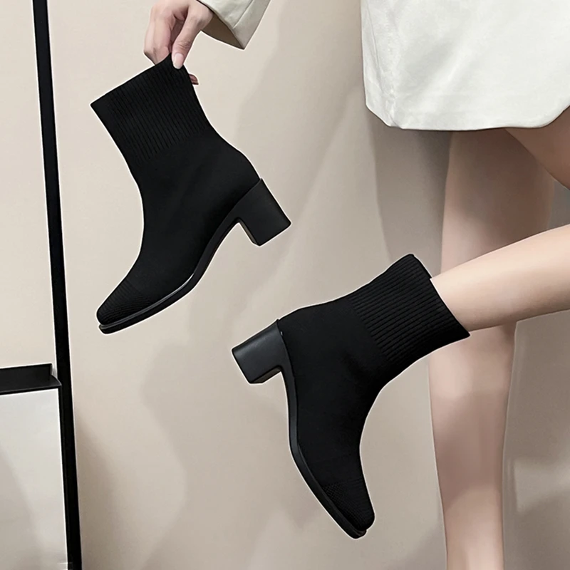 Fall and Winter Retro Square-toe Woven Women's Stretch Boots Simple Square-toe Chunky Heel Short Boots Women's Boots Size 35-41