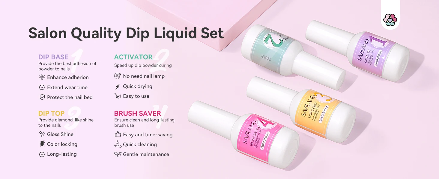 Description Picture 3 of itemSAVILAND 15ml Dipping Powder System Liquid Set Base Top Coat Activator Brush Nail Art Natural Dry Without Lamp Cure Dip Powder