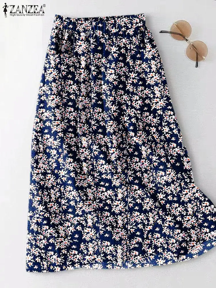

ZANZEA Bohemian Floral Print Skirts Women Elegant Elastic Waist Midi Skirt Holiday Vintage Pockets Faldas Summer A-line Jupes