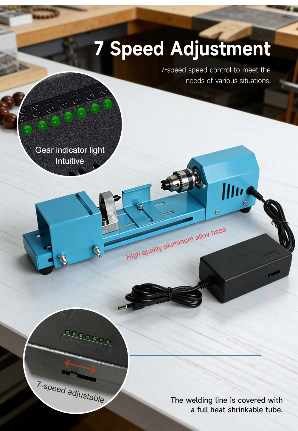 High Torque Mini Wood Lathe Electric Bead Woodworking Lathe 7-Speed Bead Lathe f