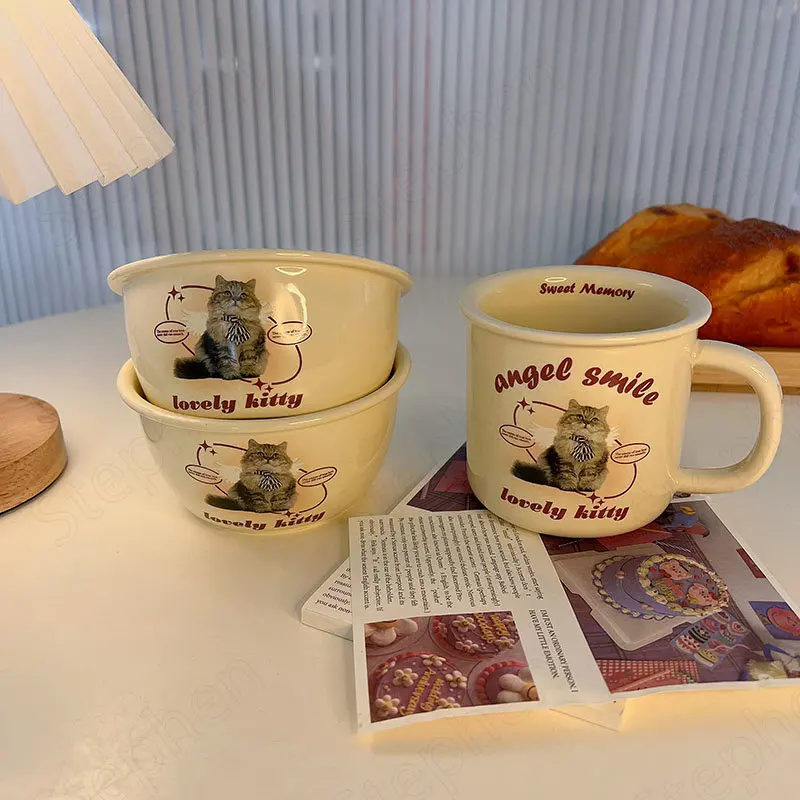 KoreanCatMilkYellowCeramicMugCartoonModernPussyFruitSalad