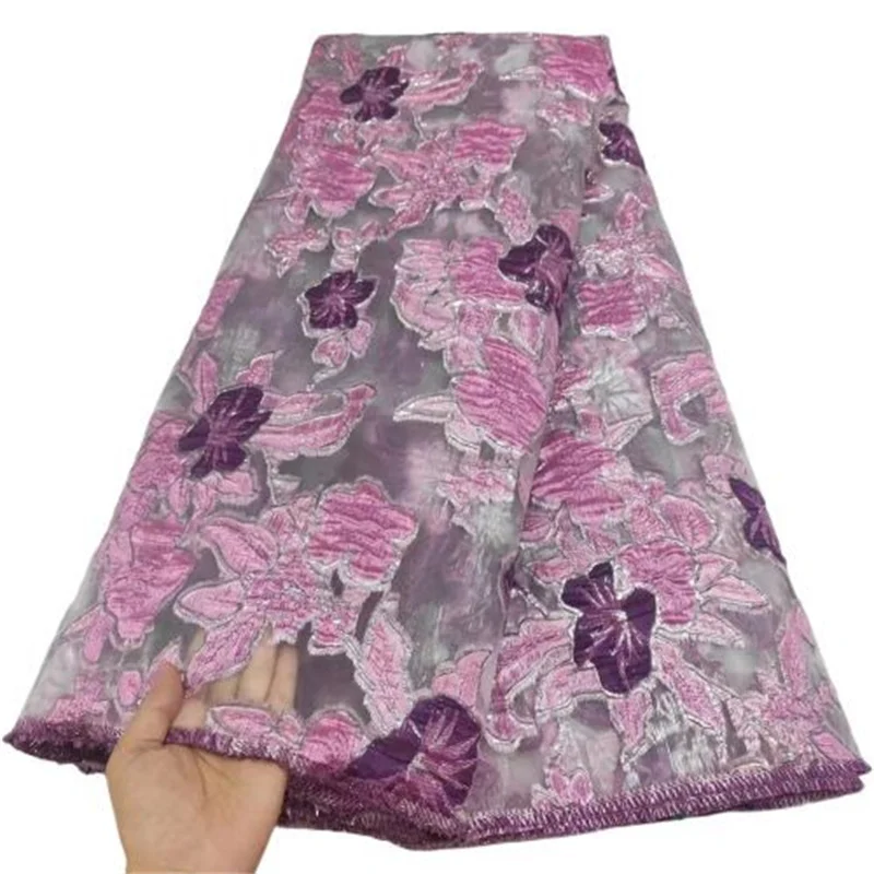 

2023 New African Brocade Lace Jacquard Fabric Nigerian Floral Damask Cloth Organza French Tulle Net Dress Tissus Material Pink