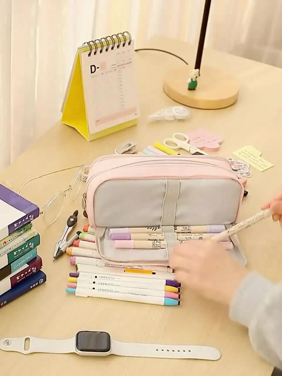 Organizador Material Oficina Estuche Para Lápices De Gran Capacidad, 3 Compartimentos, Estuche Estuche Rosa