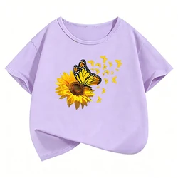 Butterfly Flower Design Girls' Summer Short Sleeve T - Shirt - 160 (PURPLE)