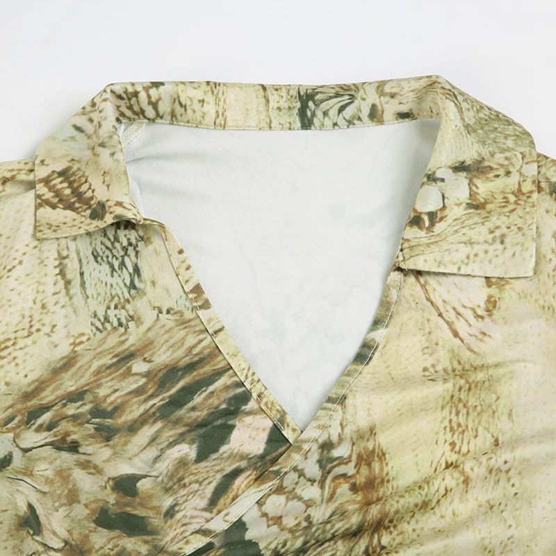 Abstract Print Side Waist Strap V-neck Crop Top Fashion Y2K Women Slim Long Sleeve Tee Aesthetic Vintage Shirt Spring