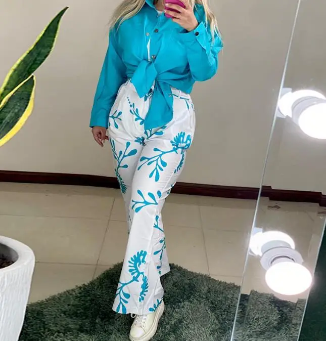 

Women's Pants Set 2023 Casual Long Sleeve Lapel Solid Color Shirt and Leaves Printed High Waist Side Pocket Casual Pants Set