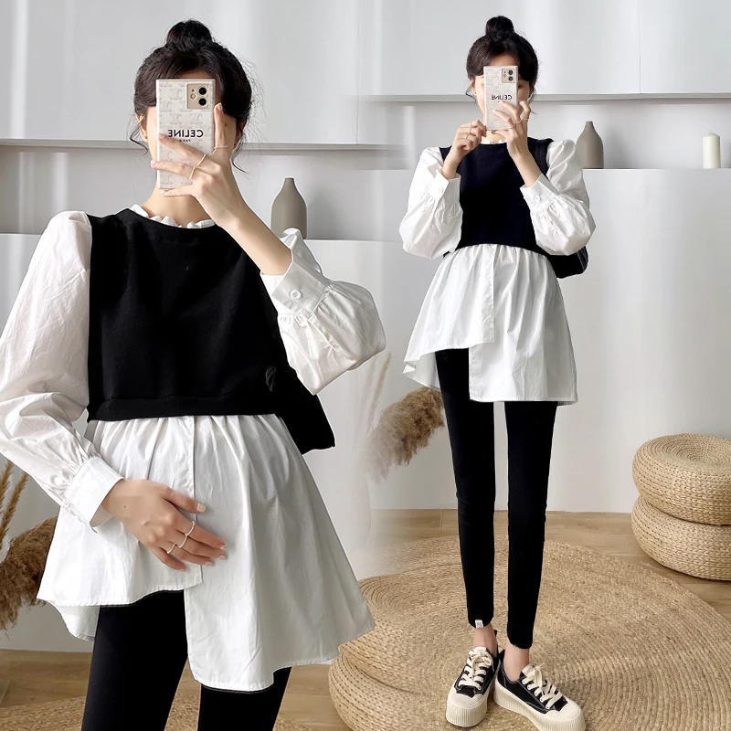 

Korean Style Irregular Pregnant Women Shirts Autumn Black White Patchwork Puff Sleeve Loose Maternity Cotton Blouses Casual Top