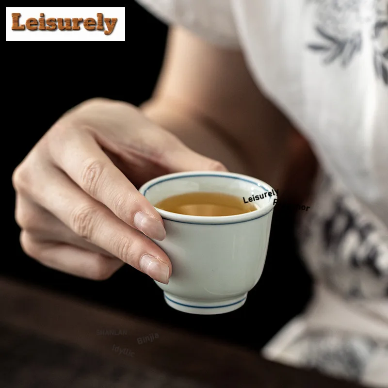 3pc Hand-painted Double Line Straight Mouth Teacup Zen Tea Bowl Cute Cup Tea-tasting Personal Cup Chazhan Master Cups Cha Craft