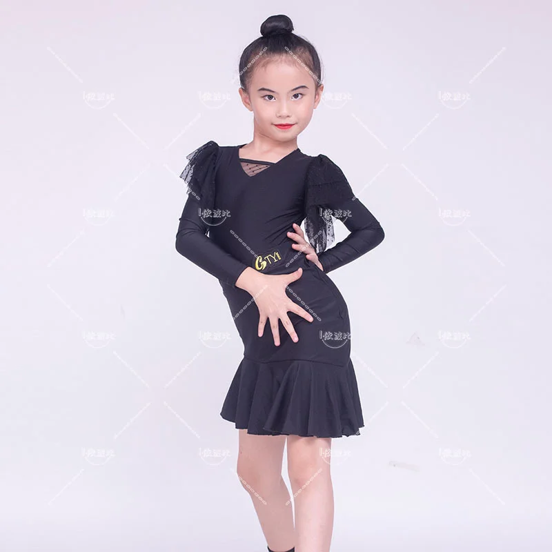 

New Long Sleeve Latin Dance Suit Autumn and Winter Black Advanced Girls' Training Performance Dance Suit Set
