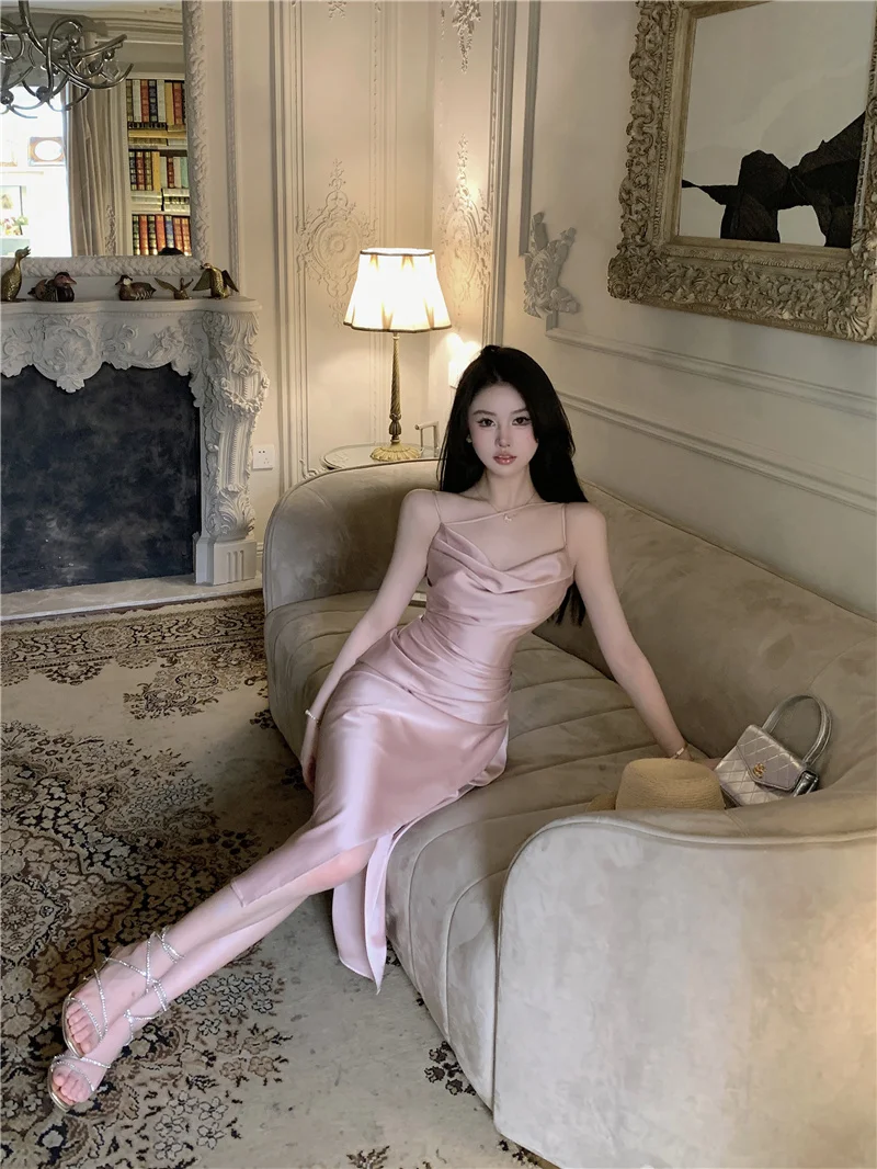 Sexy Satin Midi Dress Women New Summer Spaghetti Strap Slim Swinging Collar Split Evening Party Dresses Prom One Piece Vestido