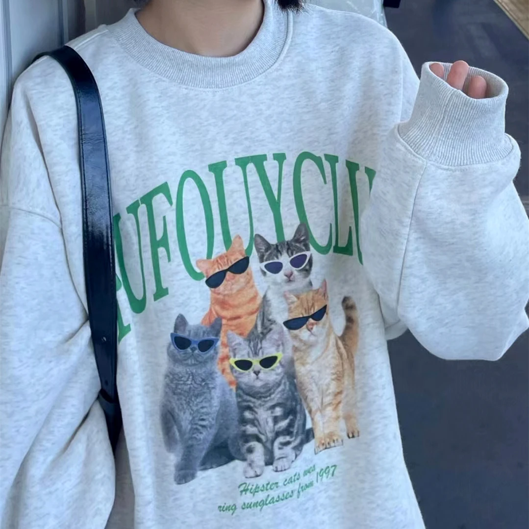 

Ins Korean High Street Animal Cats Cute Sweatshirt Unisex Oversized Fleece Winter Clothes Oversized Y2K Tops Kawaii Preppy Girls
