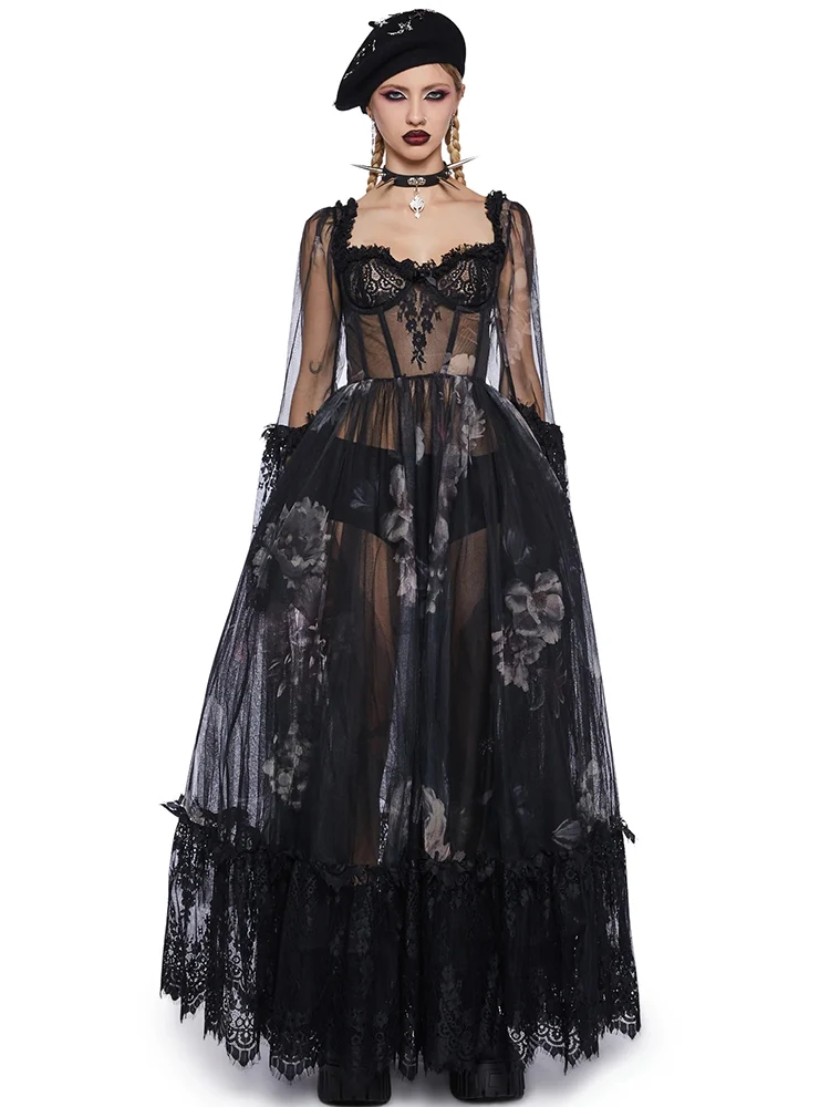 

Женское винтажное платье с кружевным верхом, свободное Прозрачное платье из эпонжа с принтом из газовой ткани, весна 2024