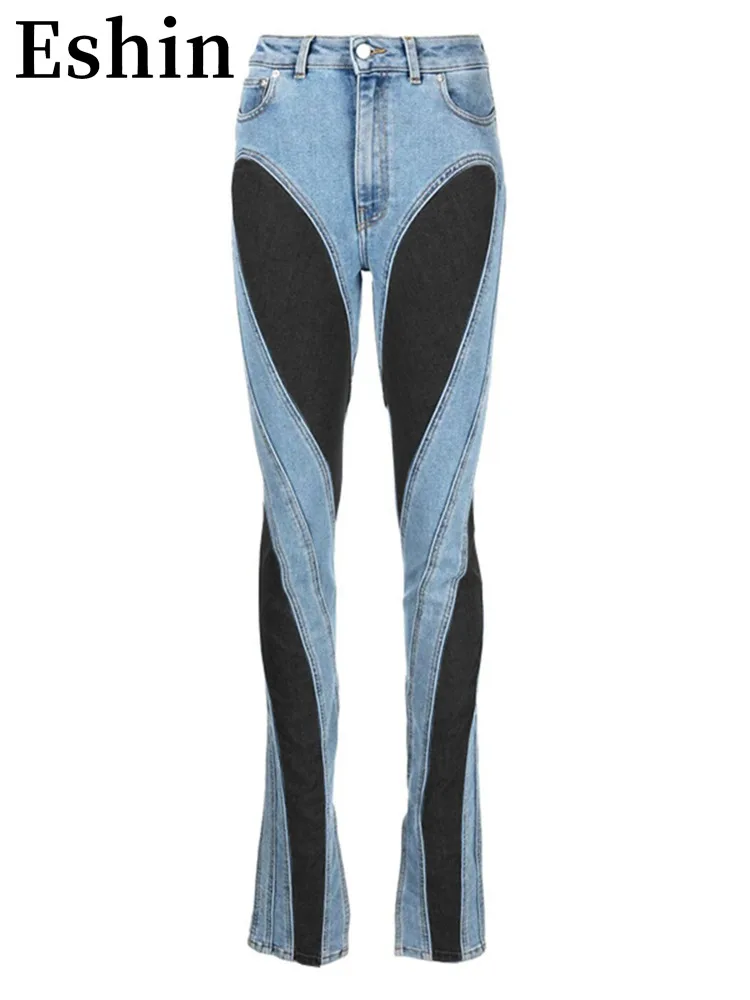 

Eshin Fashion Women Jeans Slim Deconstruct Panelled Patchwork High Waist Split Blue Long Denim Pants Autumn 2023 New TH3141