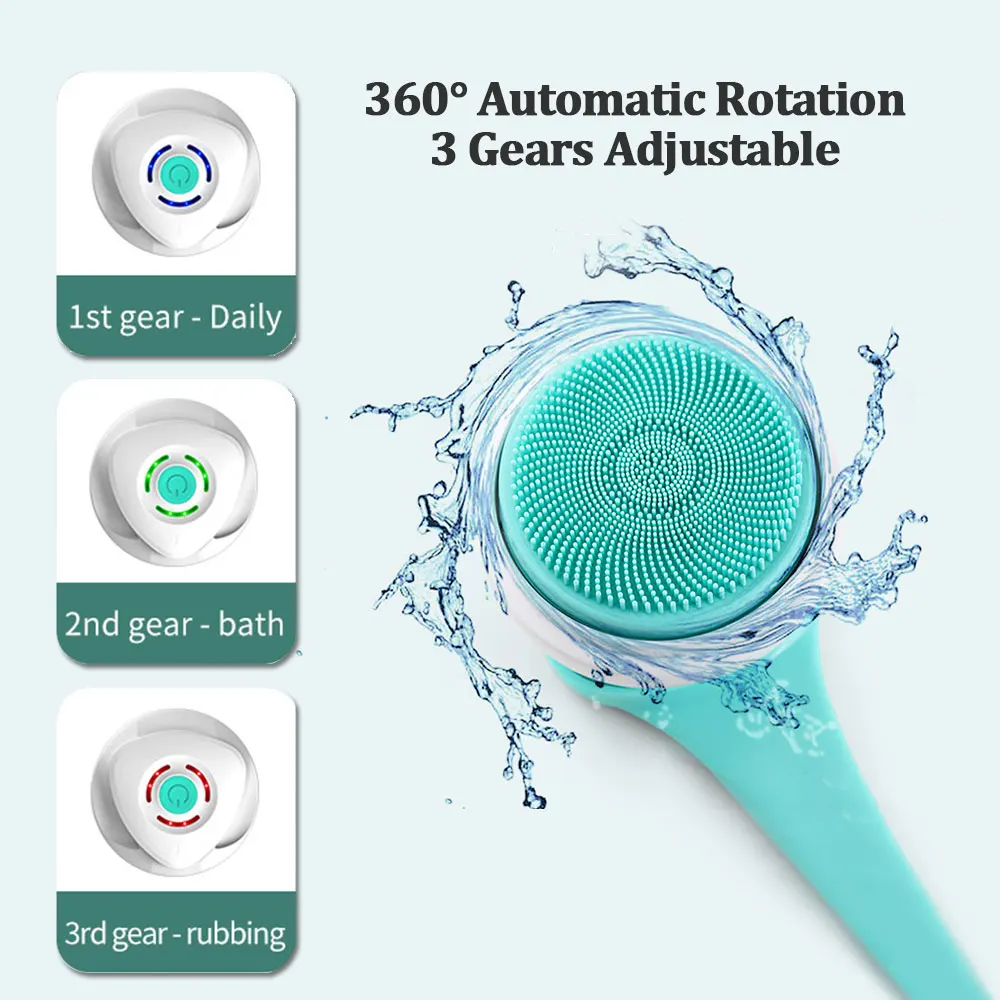 Electric Body Shower Brush Back Scrubber Rechargeable Exfoliating w/5 Multifunction Cleaning Bath Brush Heads Removable Handle