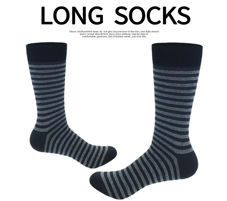 Men's Long Socks Pack - 5 Pairs Striped & Solid Black Cotton Crew Socks | Comfortable Plus Size EU40-47