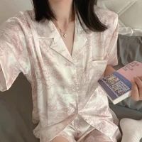 Women's 2pcs Cute Print Short Sleeve Button Top and Shorts Pink Sleepwear Soft Comfy Homewear Casual Loungewear Pajama Set - Image 3