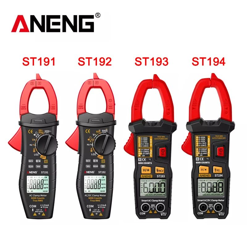 ANENG 디지털 클램프 멀티미터, ST191, ST192, ST193, 4, AC/DC 전류 6000 카운트, True RMS 커패시턴스, NCV Ohm Hz 트랜지스터