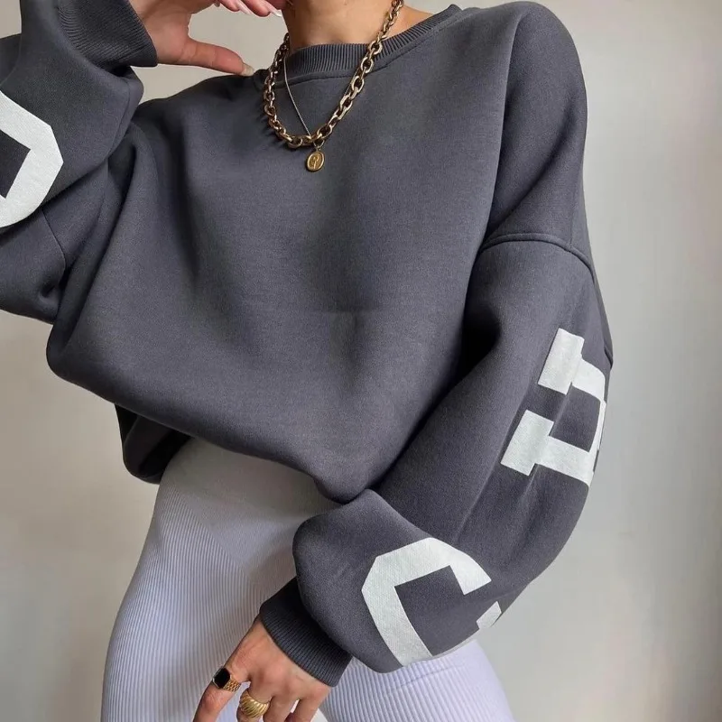 Spring and Autumn Women's Pullover Round Neck Letter Print Solid Screw Thread Long Sleeve Sports Sweater Fashion Loose Tops
