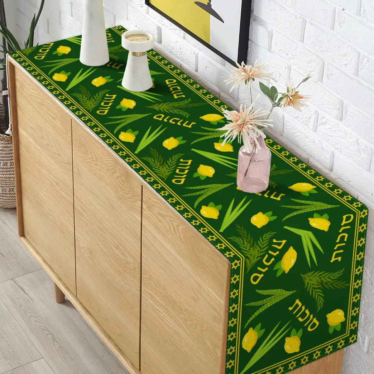 Happy Sukkot Linen Table Runner Jewish Festival Party Decor Sukkah Etrog Lulav Table Runners Holiday Kitchen Dining Table Decor