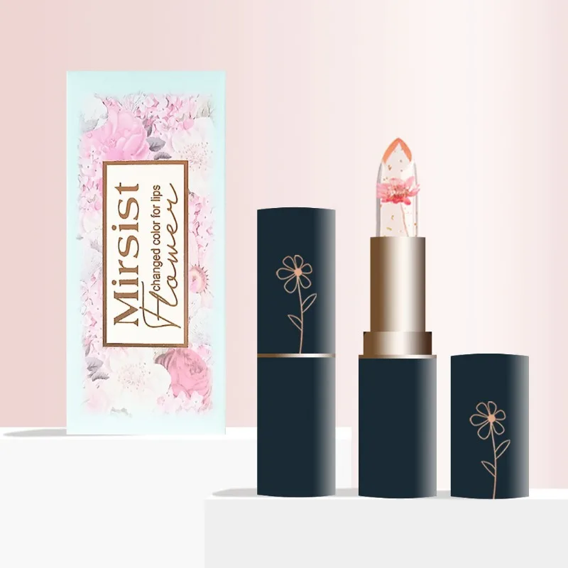 

New Cosmetics Mirsist Dark Blue Tube Clear Dry Flower Lipstick Gold Leaf Jelly Color Changing Moisturizing Lip Balm for Women