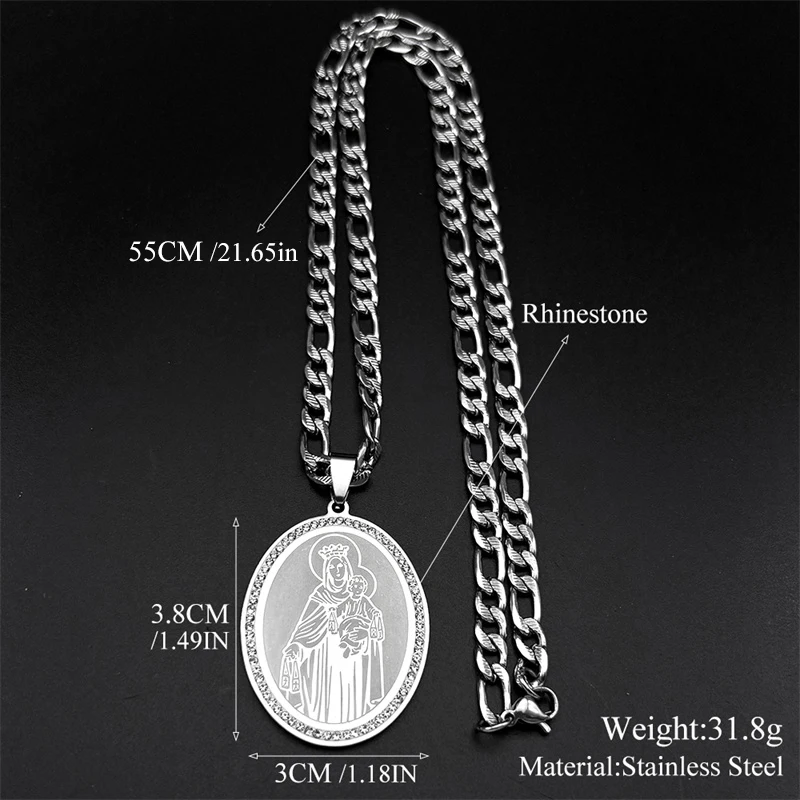 Katholische Jungfrau Maria Halten Baby Strass Anhänger Halskette für Frauen Männer Edelstahl Gold Farbe Hip Hop Männliche Kette Schmuck – Detail 1