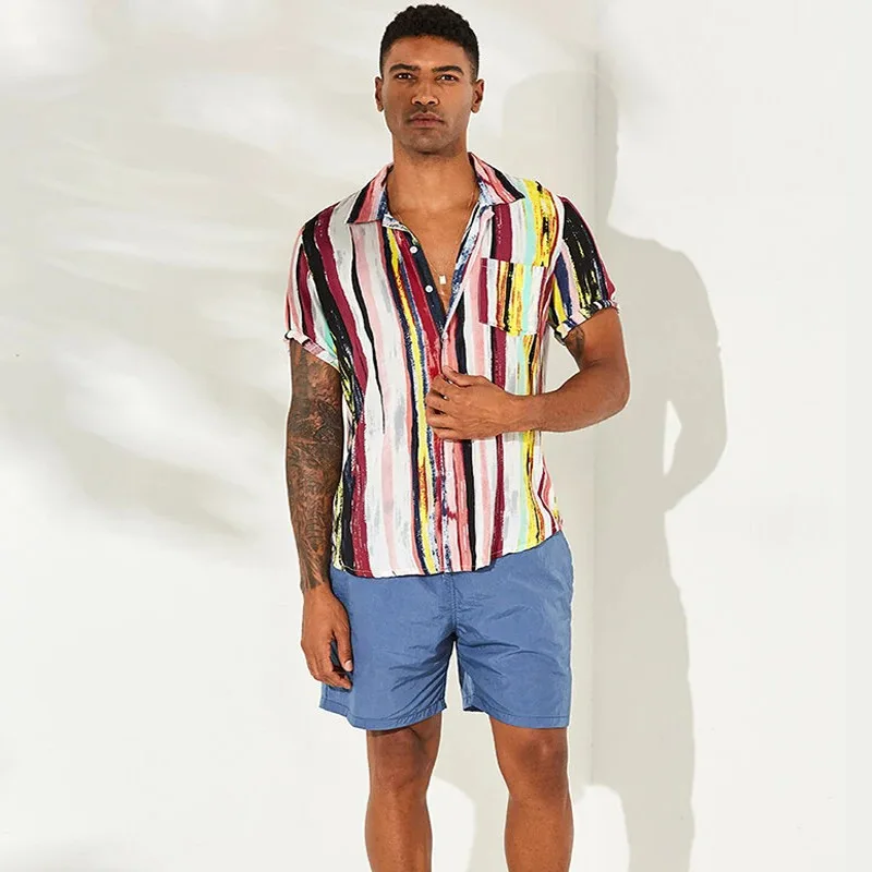 Mens Ethnic Short Sleeve Beach Hawaiian Shirt Tropical Summer Cotton Linen Printing Hawaiian Button Down Shirts Plus Size