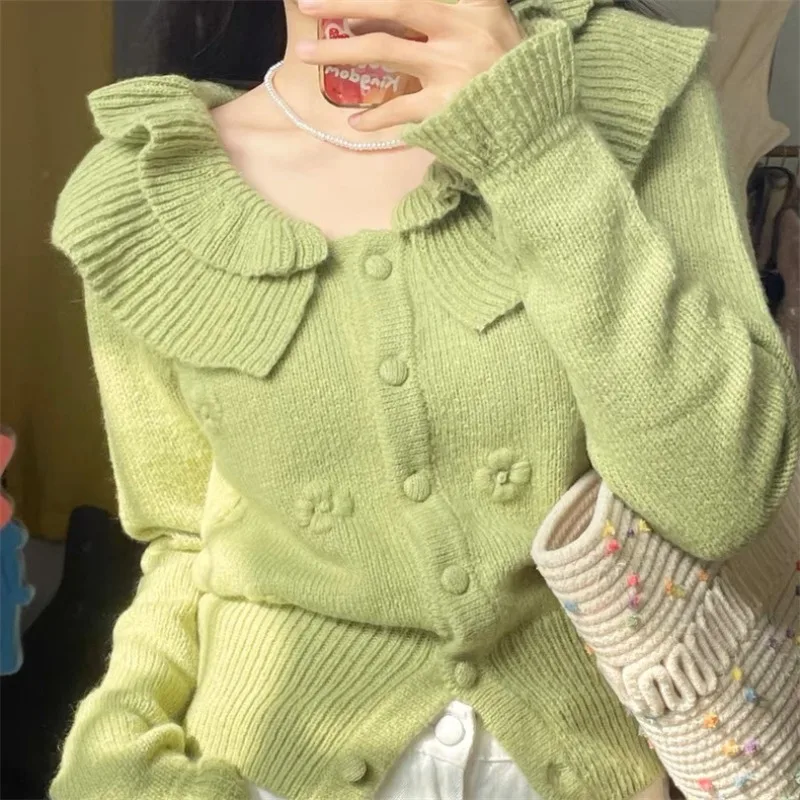 Autumn/Winter New Solid Color 3D Small Flower Knitted Single breasted Cardigan Ruffle Collar Academy Style Long Sleeve Sweater