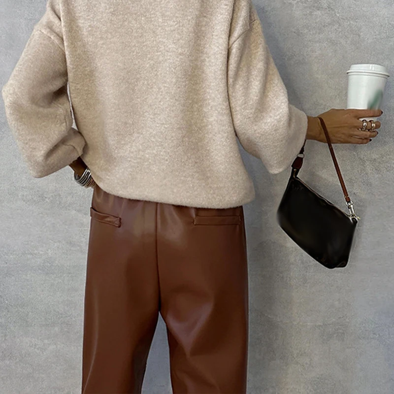 Leather Pants Streetwear Casual Solid PU Leather Pants for Women Spring Elastic Waist Pocket Trousers Autumn Straight Office Ladies Pants