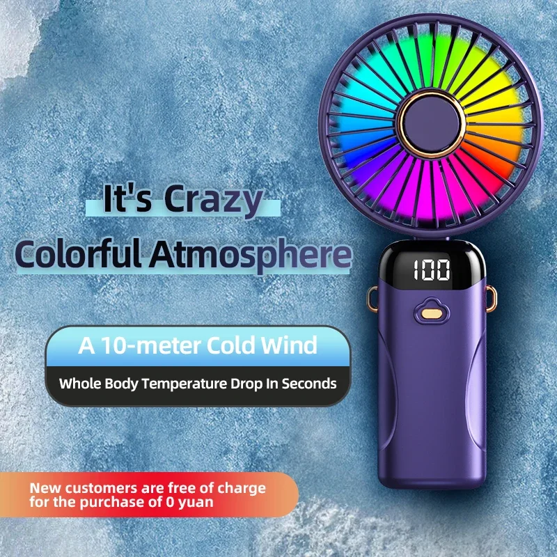 Handheld Mini LED Fan Foldable Portable Desk Outdoor Neck Hanging 6 Speed Colorful Rechargeable Fan Phone Stand Display Screen