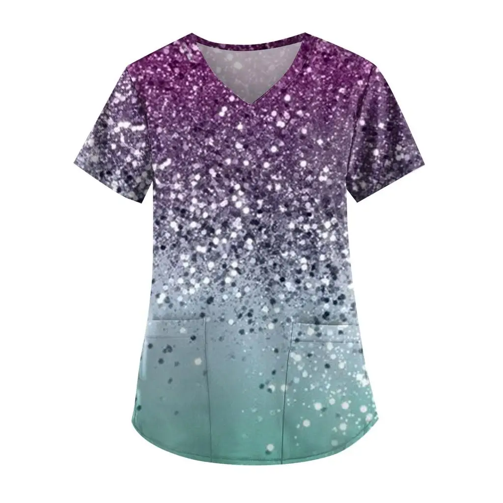 Lässige Krankens ch wester Uniform Print Frauen Kurzarm Tops V-Ausschnitt Bluse Hemd Tasche Schönheits pflege Peeling Uniformen Enfermera Mujer 2023 – Detail 6