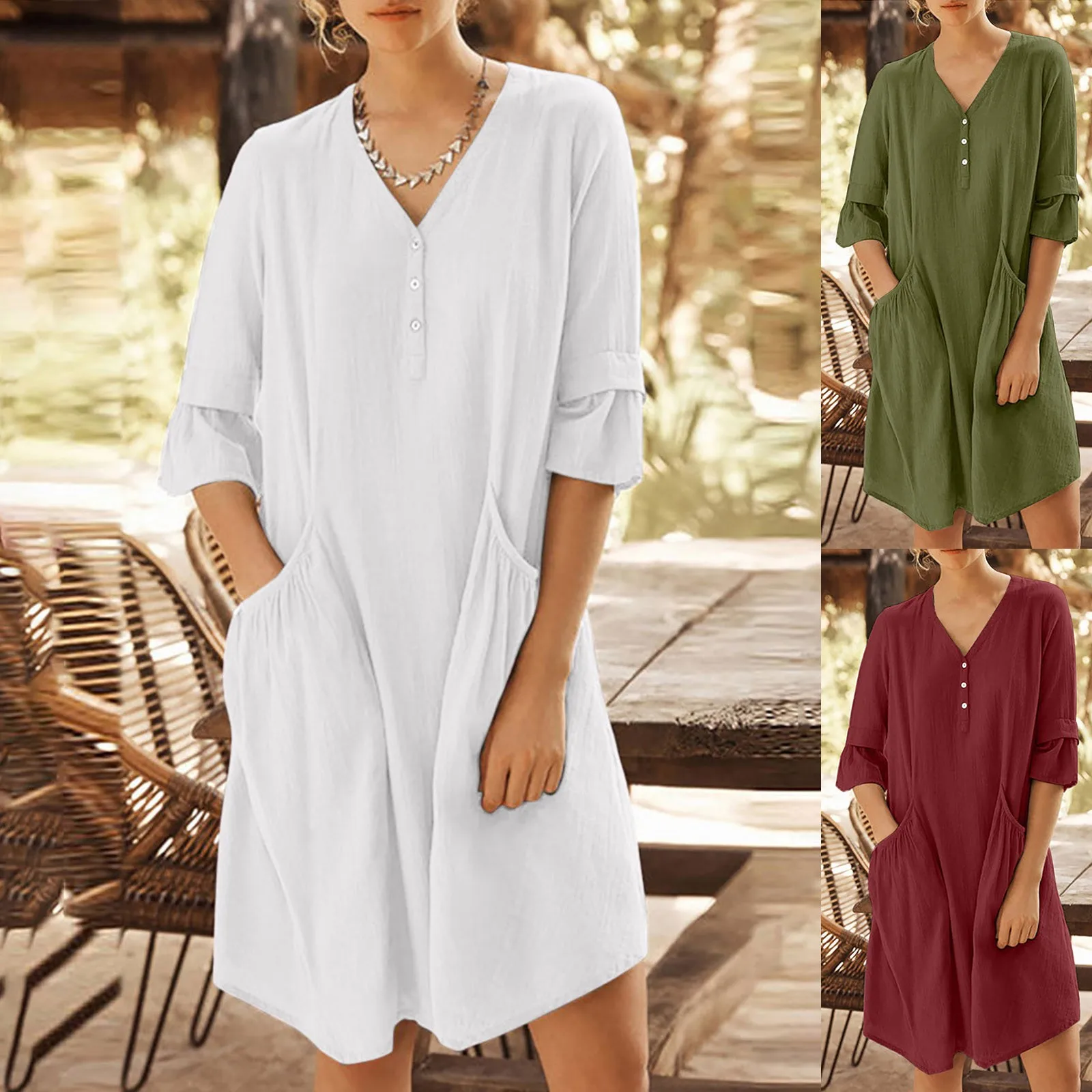 

Ruffles 3/4 Sleeves Ruched Big Pockets Knee-length Dresses for Women Button V Neck Loose Casual Dress Cotton Linen Shirts Dress