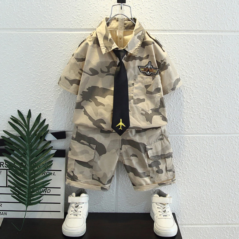 

Fashion Summer Children Camouflage Pilot Suit 2-10Y Toddler Boys Clothes Outfit Kids Camouflage Shirt + Shorts 2pcs Sets