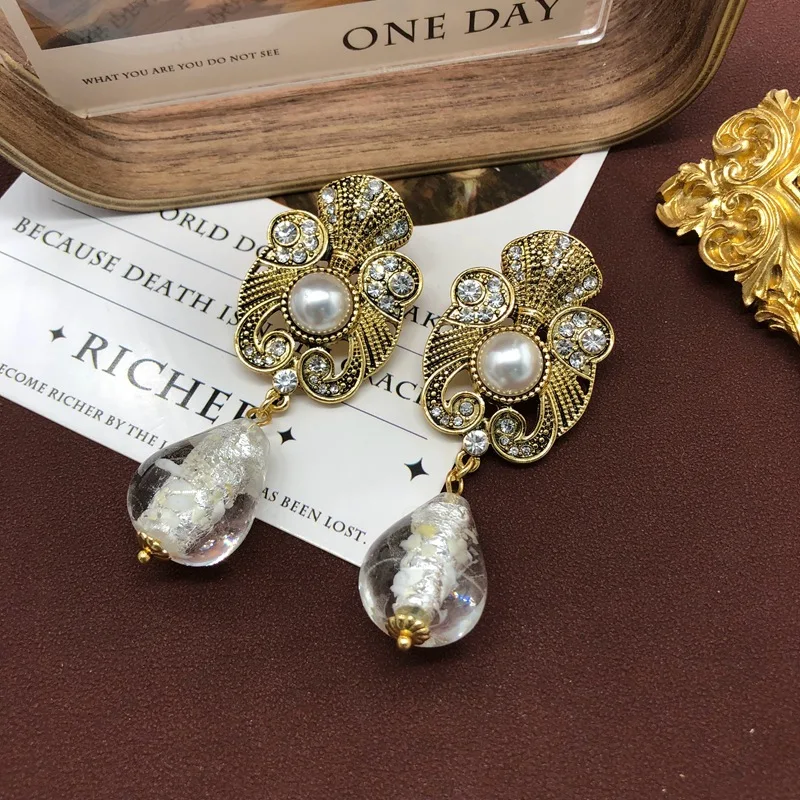 European and American retro glass printing pendant temperament Joker earrings