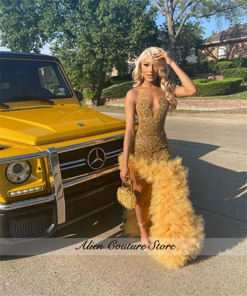 Women Prom Dresses Sparkly Gold Diamonds Mermaid For Black Girls