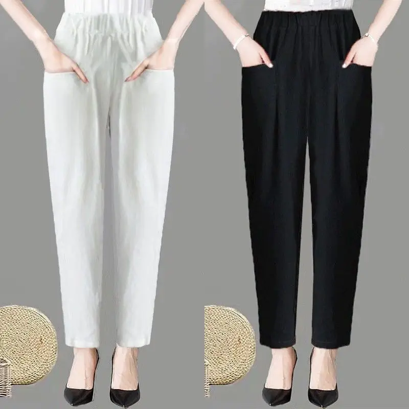 Large Size Korean Casual Thin Cotton Linen Pants Women Spring Summer Elastic Waist Ankle-Length Pants Woman Harem Trousers