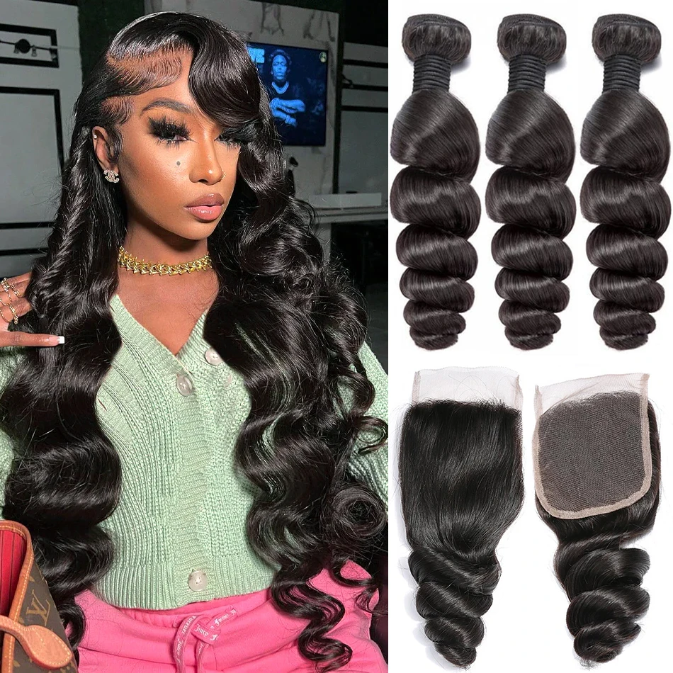 Loose Wave Hair Bundles With Frontal Human Hair Bundles With Frontal Brazilian Weaving 13X4 Lace Extensions 12A human hair bundles