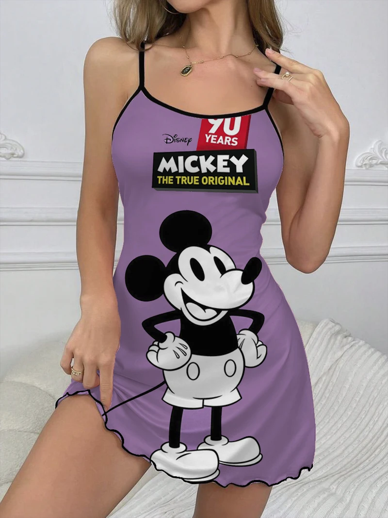 

Sexy Dress Minnie Mouse Elegant Chic Dress Crew Neck Disney Elegant Dresses for Women Mickey Pajama Skirt Lettuce Trim Mini Trim