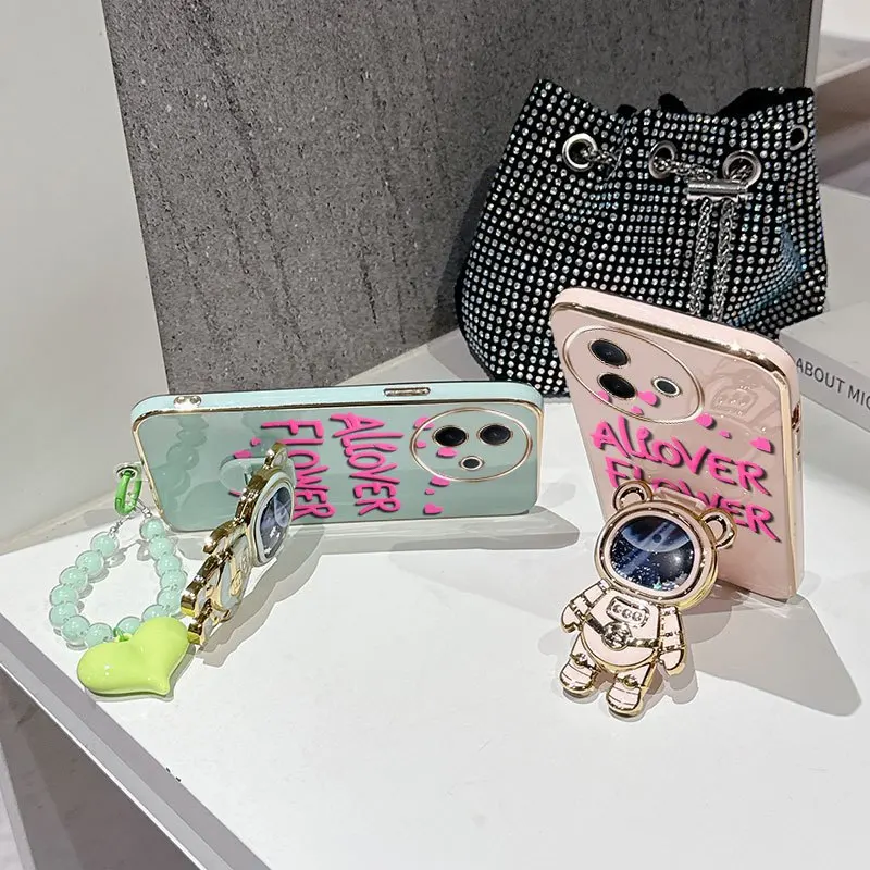 3-Piece Floral Fan Phone Case Set with Bead Lanyard and Stand