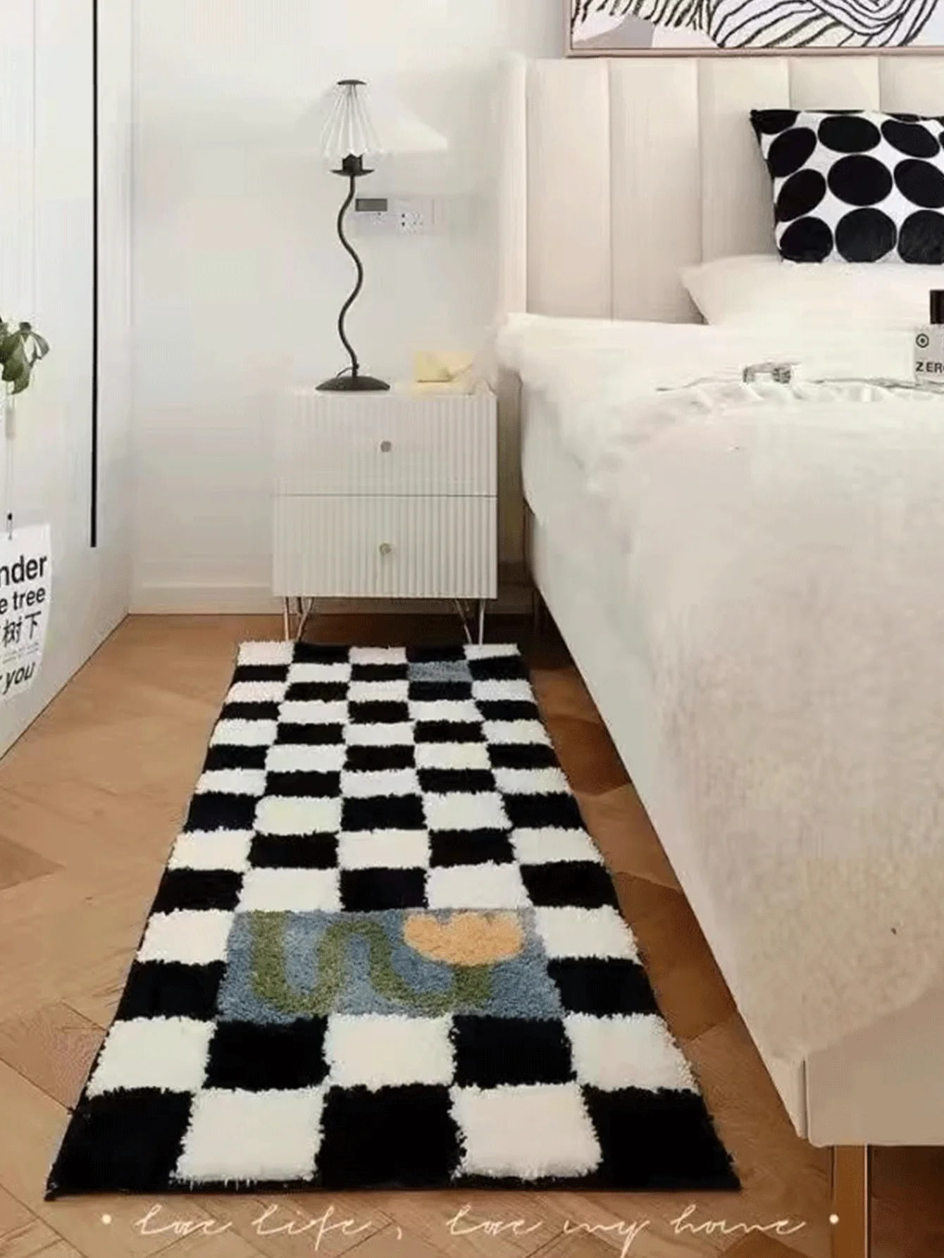 Luffy Soft Rugs for Bedroom INS Checkered Children's Mat Hairy Carpet Cute Room Decor Non-Slip Long Bedside Floor Mats Floor Mat