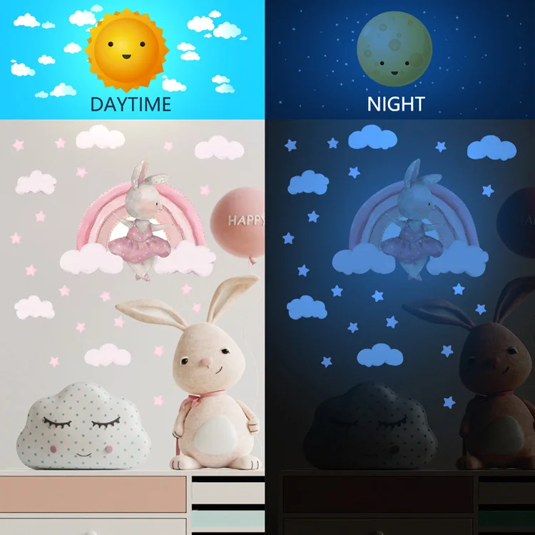 Leuchtender Cartoon-Kaninchen-Regenbogen-Wandaufkleber für Kinderzimmer, Schlafzimmer, Heimdekoration, Wandbild, leuchtet im Dunkeln, selbstklebende Tapete – Detail 2