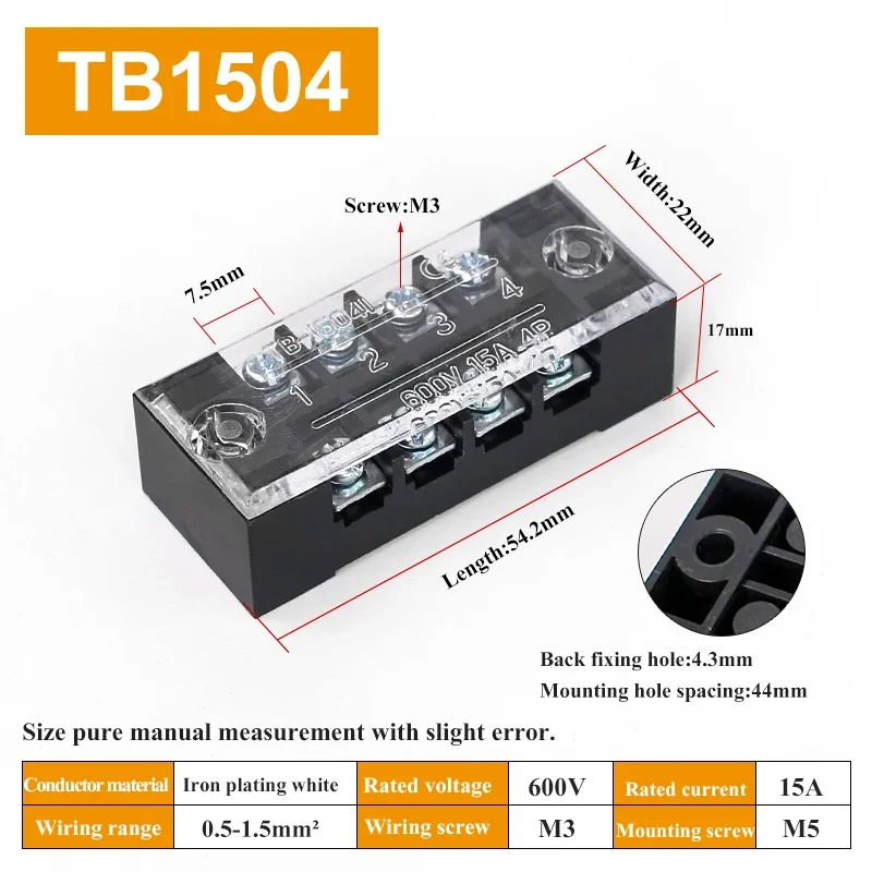 Dual Row Strip Screw Terminal Block Wire Connector, 1 Piece, Fixed Wiring Board, 15A/25A Capacity