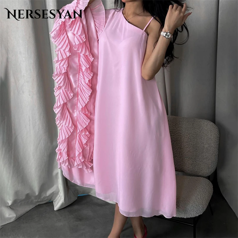 

Nersesyan Fashion Pink A-line Party Gowns Chiffon Spaghetti Straps Ruffles Formal Evening Dresses 2023 Saudi Arabic Prom Gown