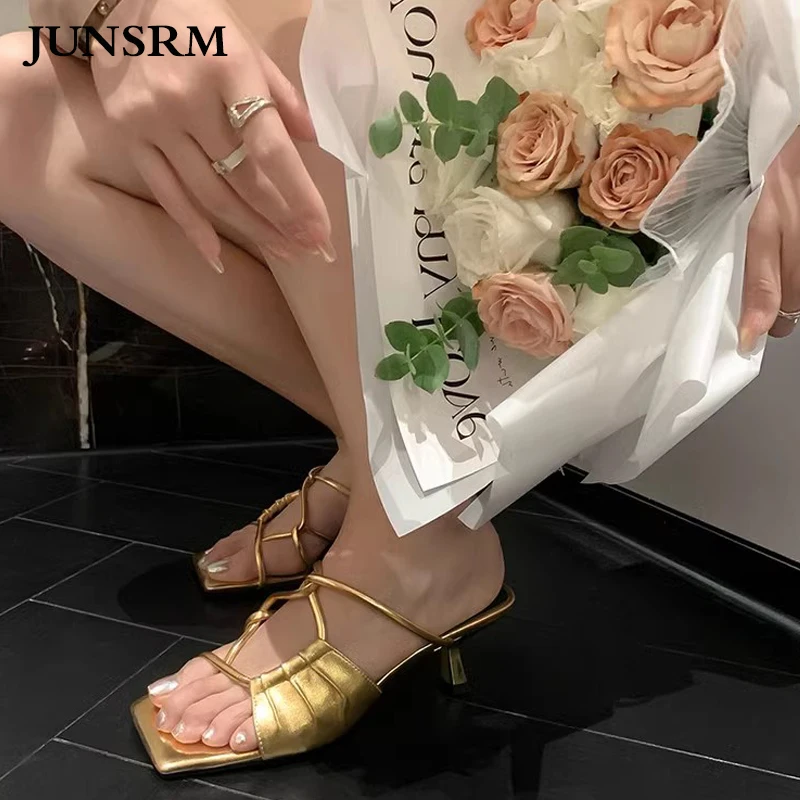 

Genuine Leather Gold Hollow Woven High Heels Female Square Head Clip Toe Kitten Heel Sexy Slippers Summer Outside Casual Sandals