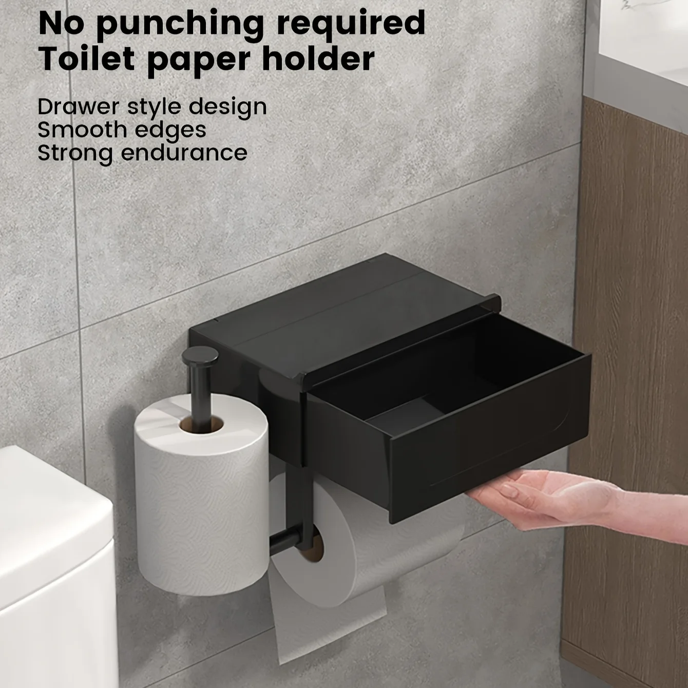 1pc Sleek Black Wall - Mounted Toilet Paper Holder with Shelf - No - Drill, Durable Bathroom Organizer for Essentials 2