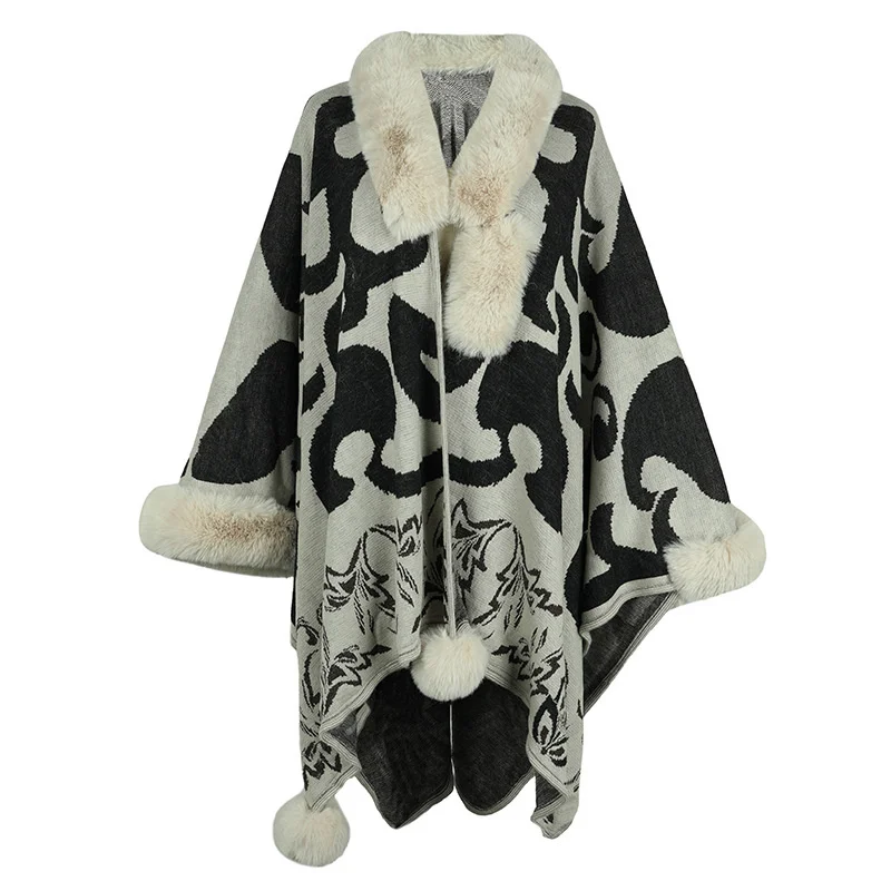

New In Autumn Winter Outerwears Women Thick Warm Fur Collar Poncho 2023 Fashion Cape Coat Female Cardigan Shawl Cloak