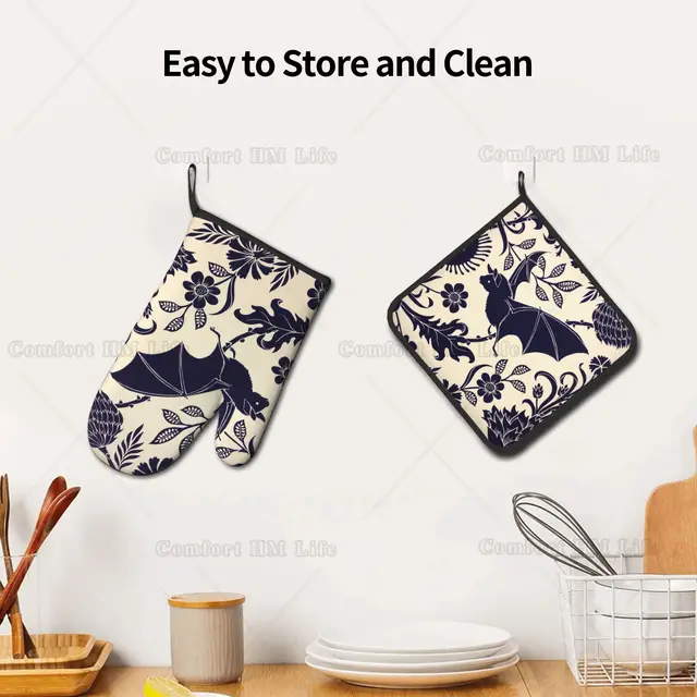 Bats with Flower Oven Mitts and Pot Holders Sets,Heat Resistant Oven Gloves  for Safe Kitchen,Cooking,Baking,Grilling