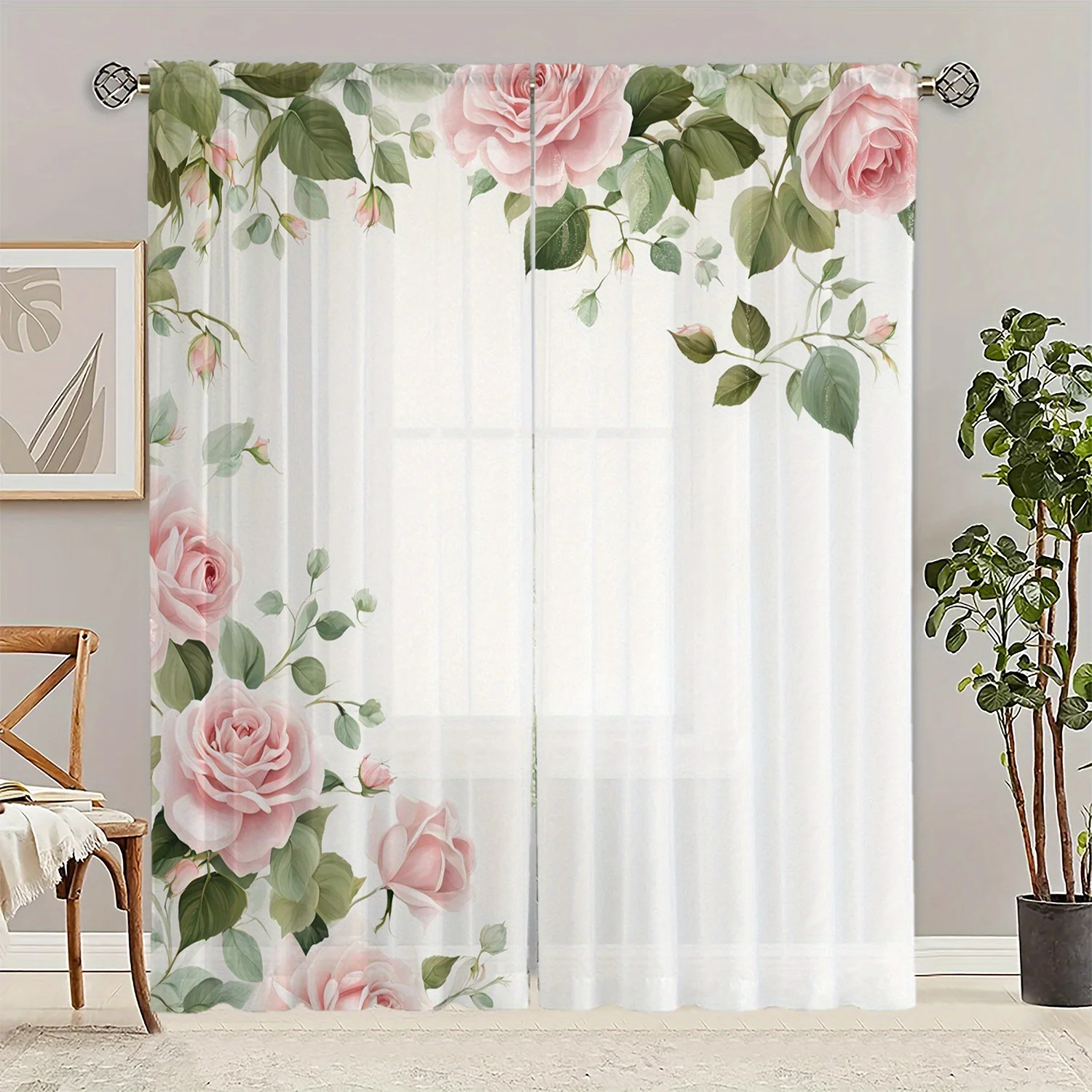Tollpiz Tenda trasparente con stampa floreale e fiori di ciliegio, tende per soggiorno, con tasca per asta, in voile, effetto lino, per camera da letto, 137,2 x 213,4 cm di lunghezza, set
