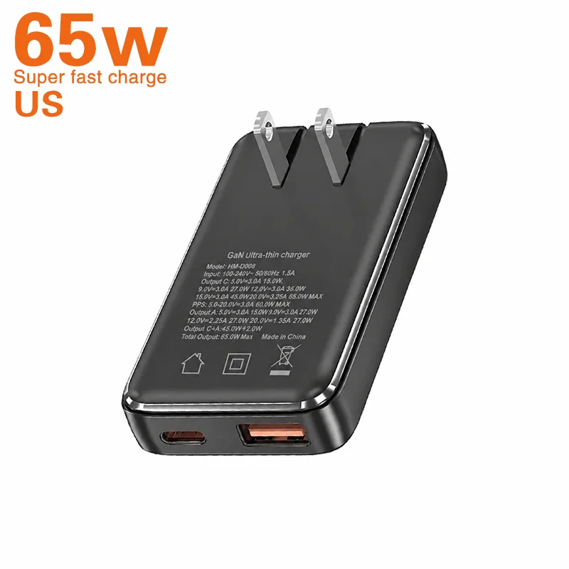 شاحن TINSOL PD 65W فائق النحافة من نيتريد الغاليوم مع منفذين USB-C للشحن السريع، متوافق مع مقابس الولايات المتحدة/أوروبا/كوريا/المملكة المتحدة، مع قوابس سفر متعددة الدول