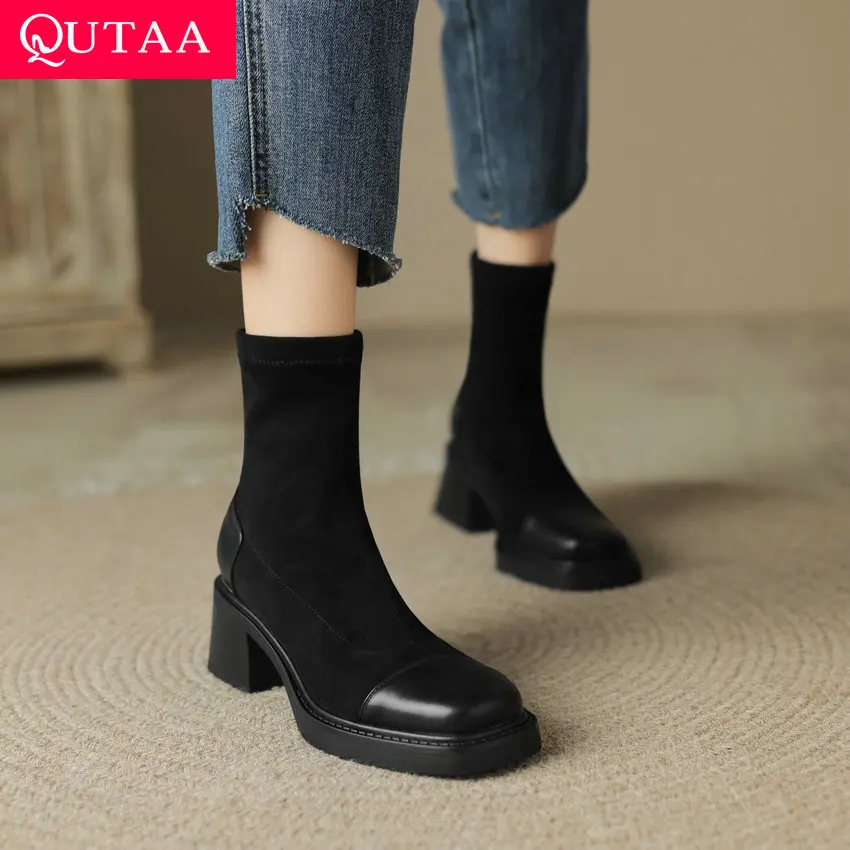 

QUTAA 2024 Women Ankle Boots Stretch Microfiber Thick Med Heels Platform Shoes Woman Autumn Winter Casual Working Size 34-43